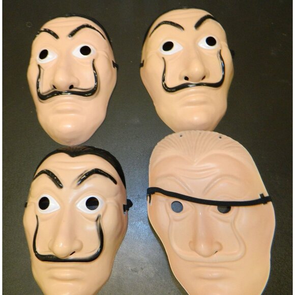 Salvador Dali Style Plastic Face Masks Costume Cosplay Money Heist Set Of 4 - Picture 4 of 10